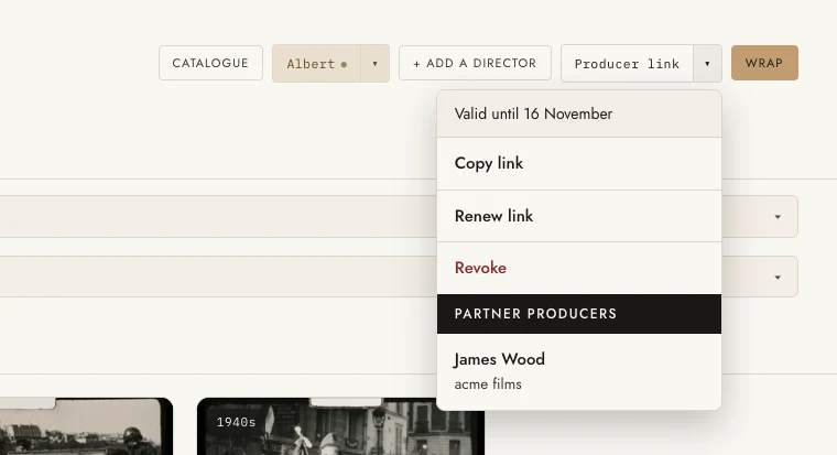 Sharing menu: producer link valid until 16 November, copy, renew, revoke